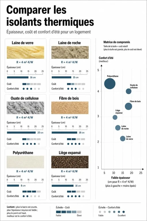 Tableau comparatif isolant thermique avec les principaux matériaux et leurs performances