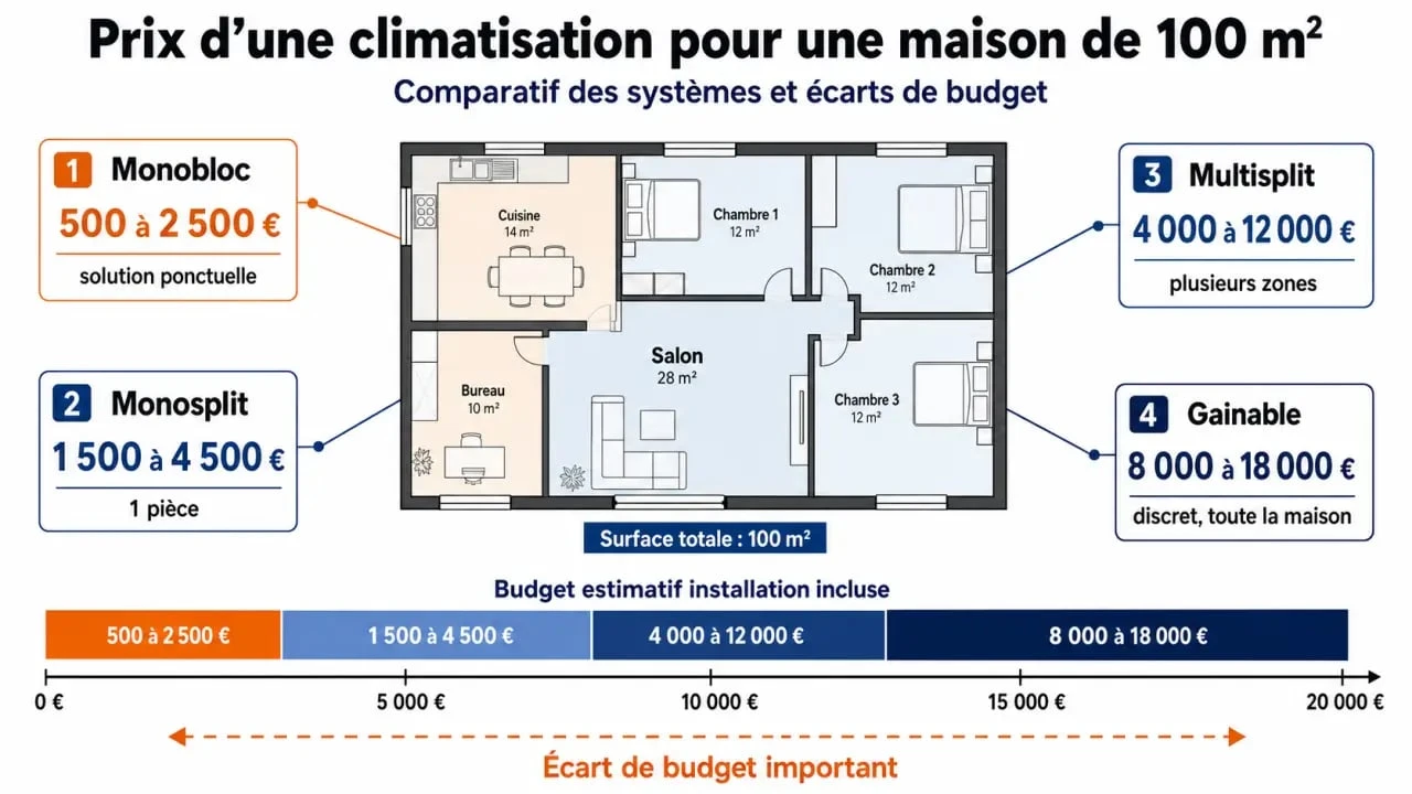 Prix climatisation maison 100m2 : comparaison visuelle des coûts selon le type de système