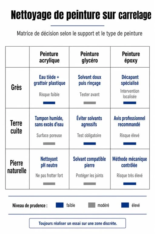 Infographie des méthodes pour nettoyer la peinture sur carrelage selon le type de support et de peinture