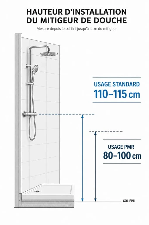 Schéma des hauteurs d'installation recommandées pour un mitigeur de douche selon les normes standard et PMR.