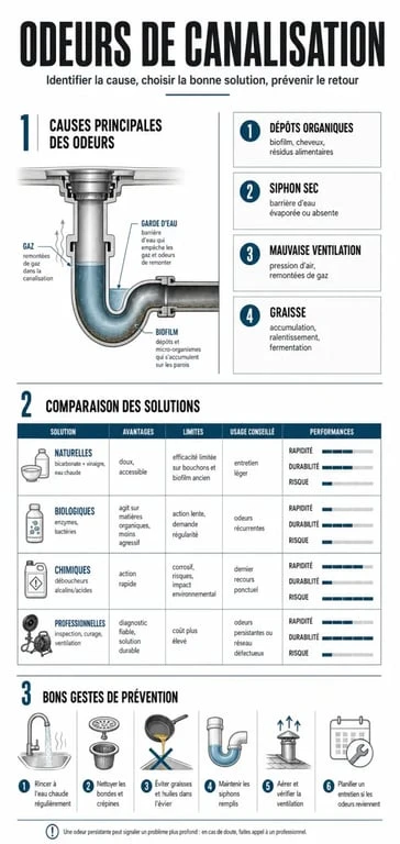 Infographie sur le désodorisant canalisation : causes des odeurs, comparaison des solutions et conseils de prévention
