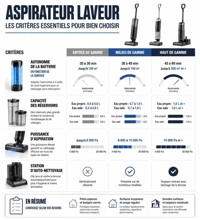 Infographie des critères de choix pour le meilleur aspirateur laveur en 2026
