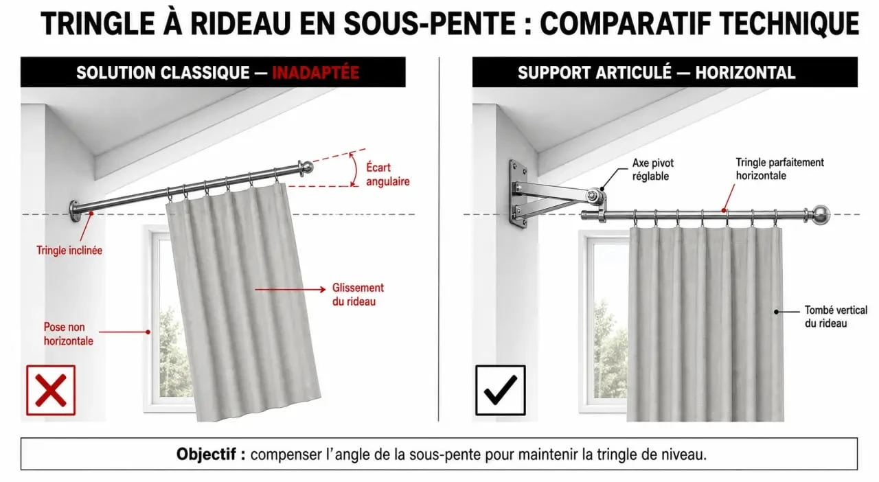 Schéma comparatif d'installation de tringle rideau sous pente : support classique vs support articulé