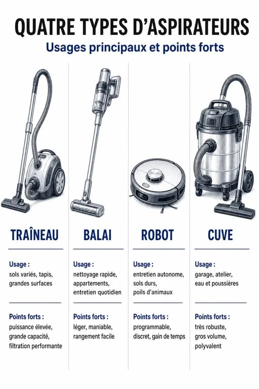 Comparatif des différents types d'aspirateurs pour vous aider à choisir le modèle adapté à vos besoins