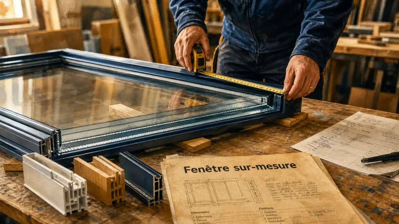Fenetre double vitrage sur mesure en atelier, technicien mesure le châssis
