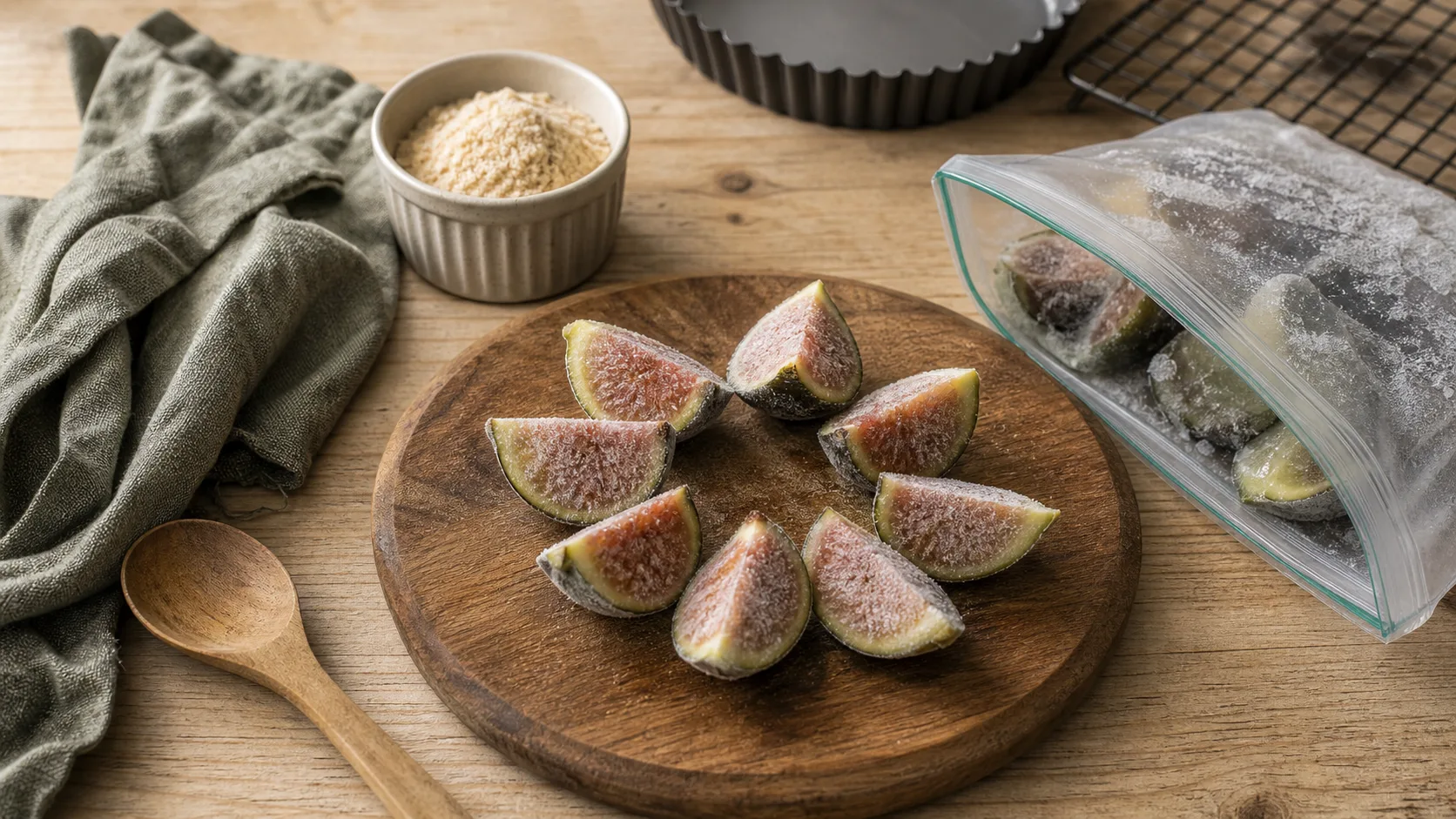 Figues congelées en quartiers partiellement givrés, sans texture ramollie