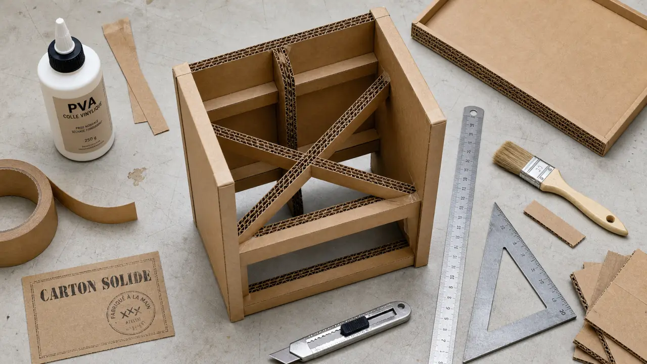 Meuble en carton fabrication, traverses croisées en cours