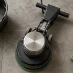 Monobrosse de nettoyage professionnelle sur sol béton, pads vert et noir