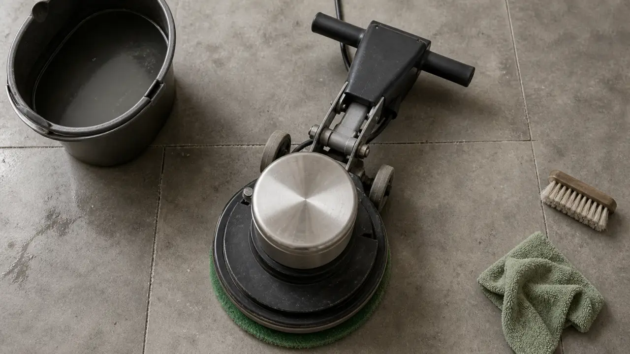 Monobrosse de nettoyage professionnelle sur sol béton, pads vert et noir