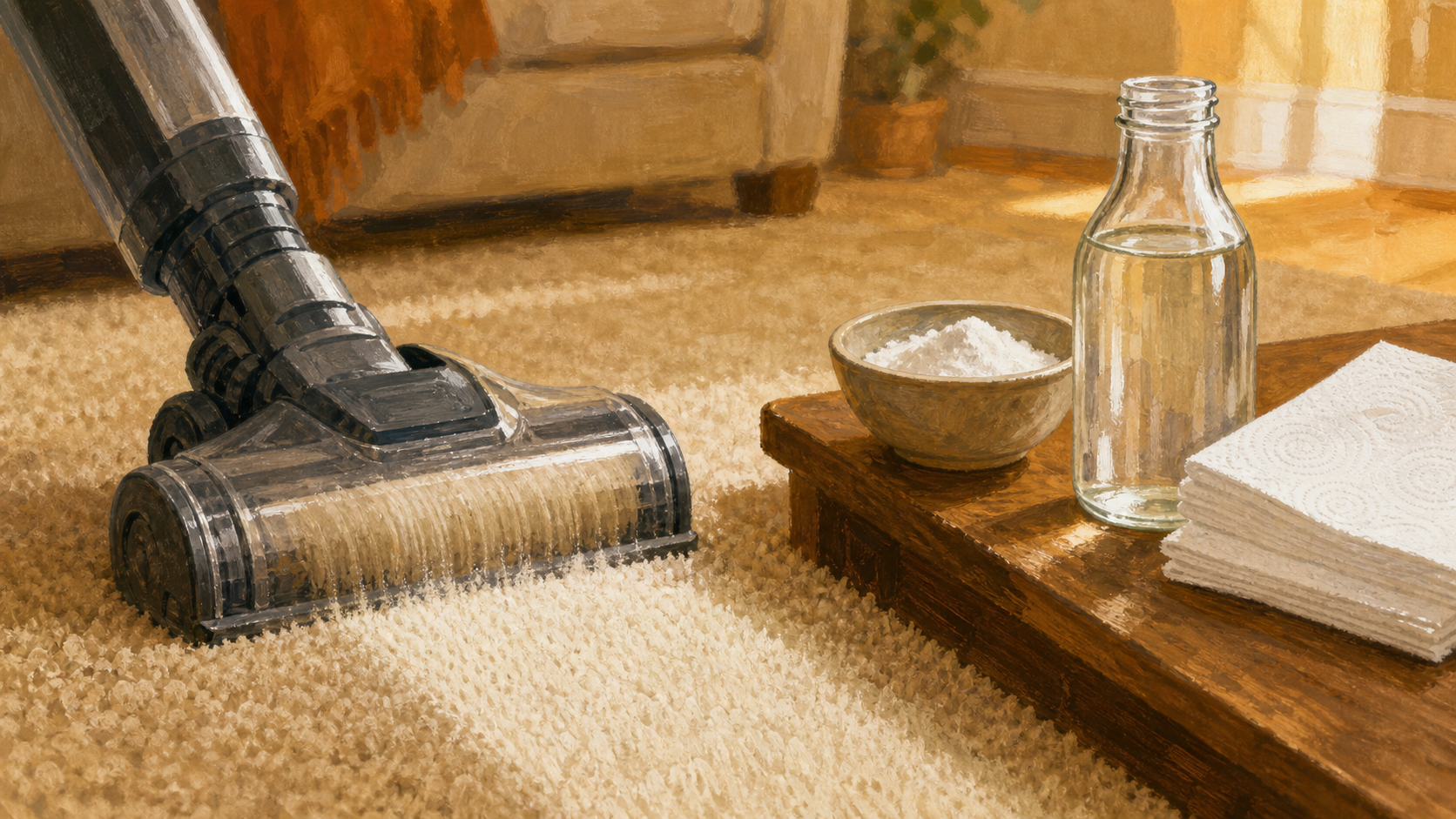 Nettoyer une moquette : brosse rotative, bicarbonate et vinaigre sur moquette