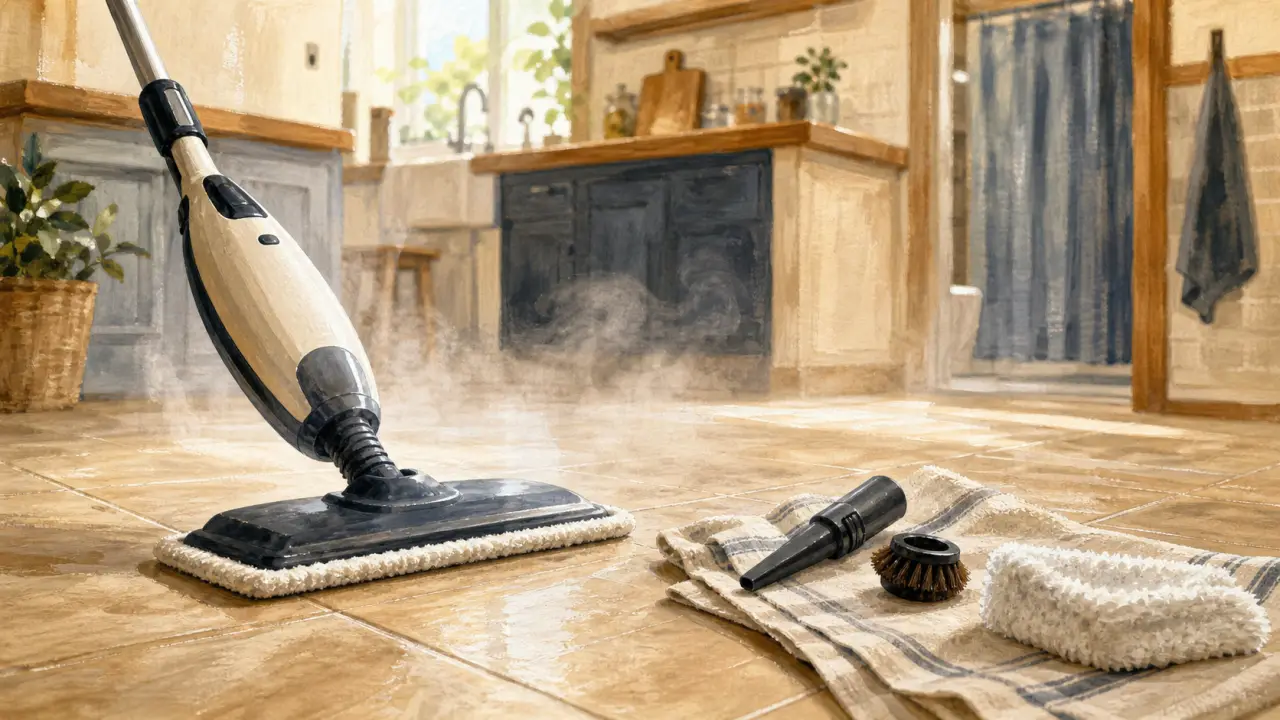 Nettoyeur vapeur avis : balai vapeur et microfibre sur carrelage beige