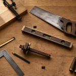 Outils pour menuisier : établi, équerre, niveau, scie à main et serre-joints