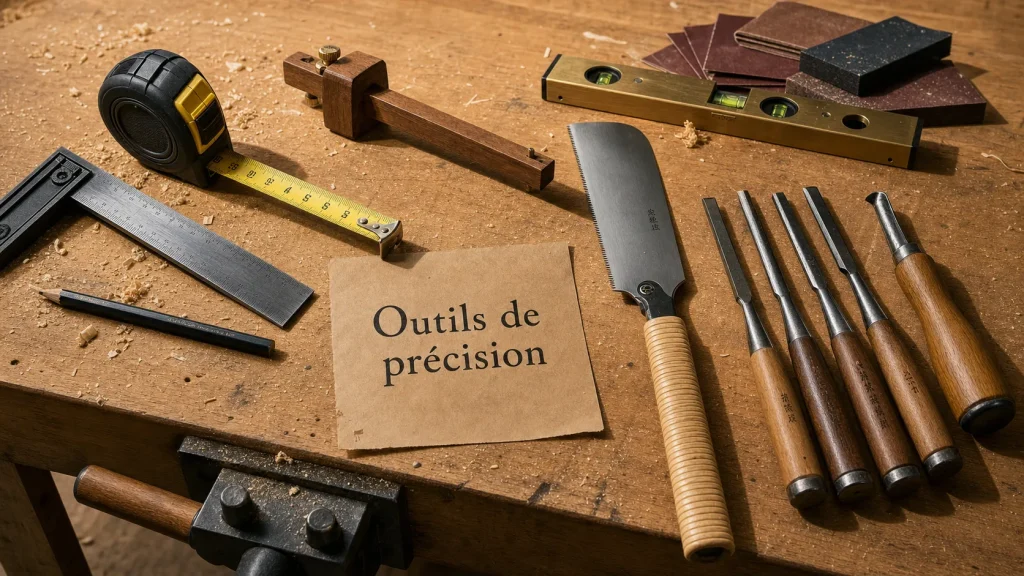Outils pour menuisier : mètre, équerre, niveau et scie dans un atelier
