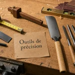 Outils pour menuisier : mètre, équerre, niveau et scie dans un atelier