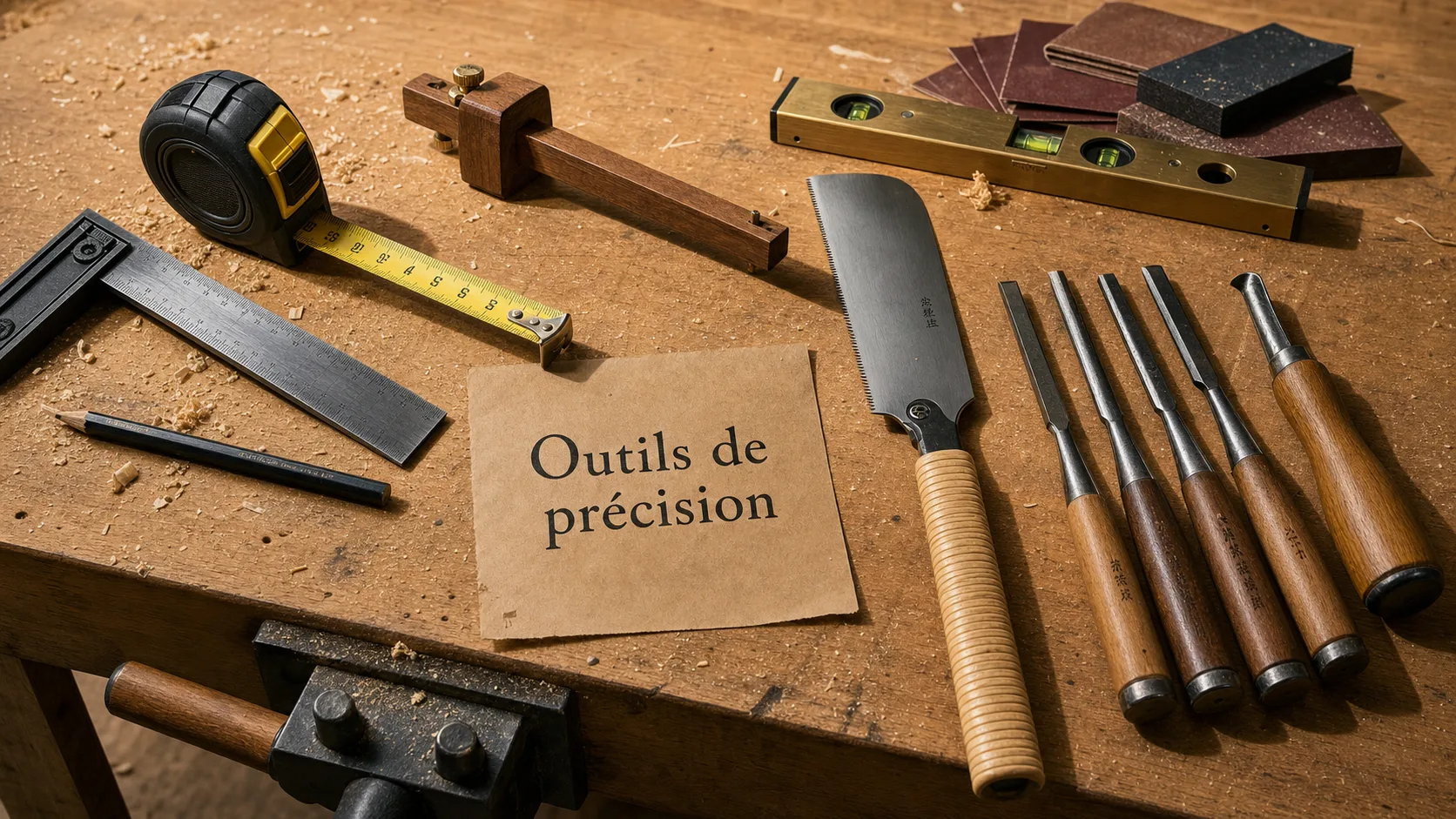 Outils pour menuisier : mètre, équerre, niveau et scie dans un atelier