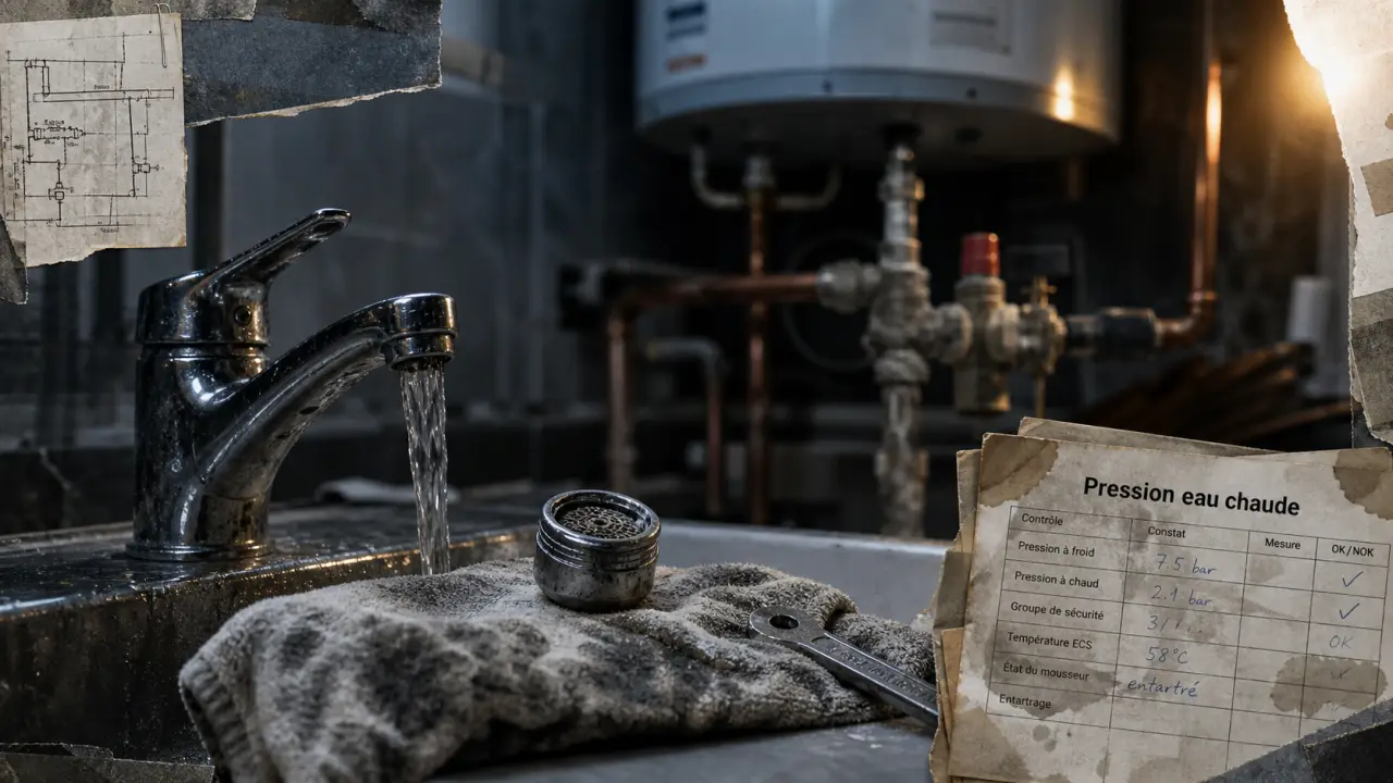 Robinet démonté et chauffe-eau lors d'un contrôle de pression d'eau chaude