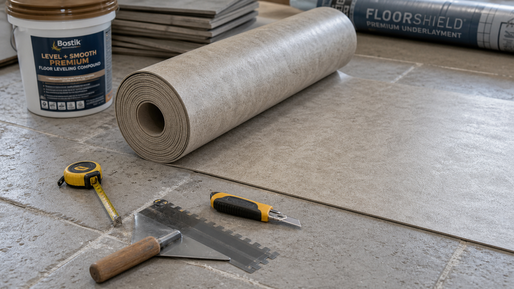 Poser du lino sur carrelage : panneau de lino et outils sur carrelage