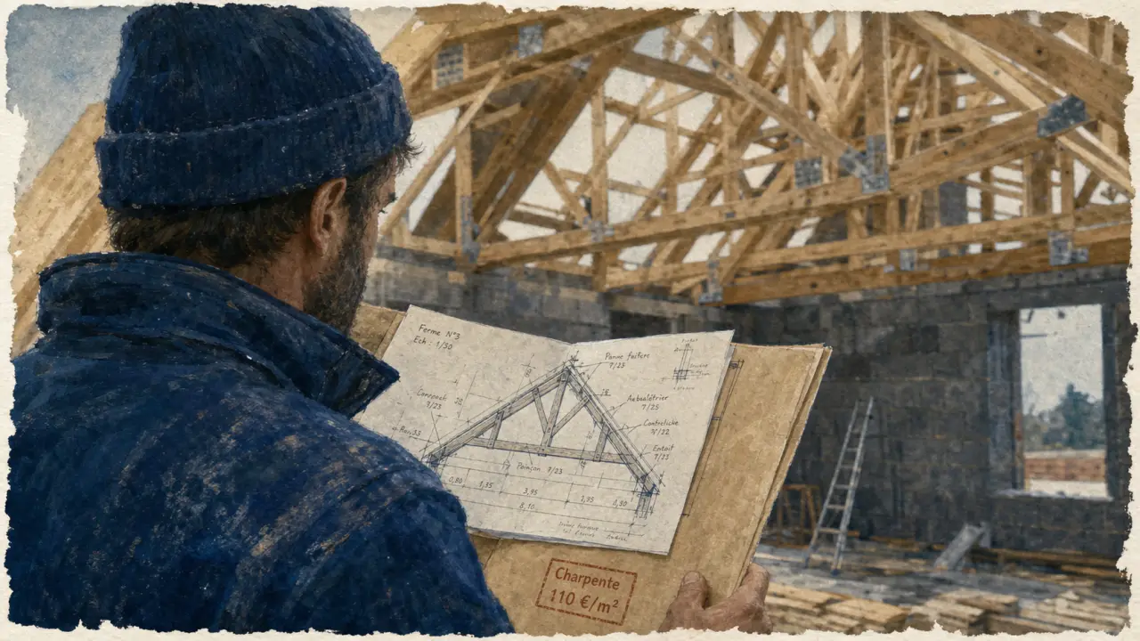 Prix charpente au m² : charpentier et ferme en bois, vue chantier