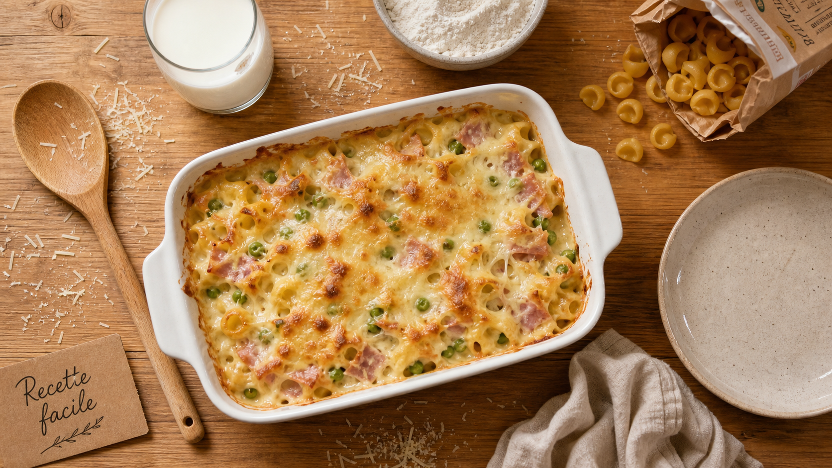 Recette facile pas cher gratin de pâtes au jambon au four