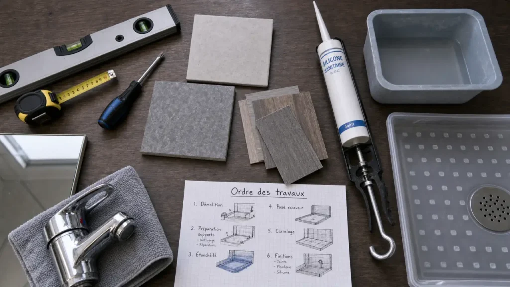 Renover une salle de bain : outils et matériaux sur planche, rénovation