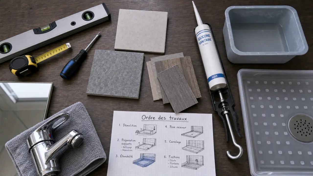 Renover une salle de bain : outils et matériaux sur planche, rénovation