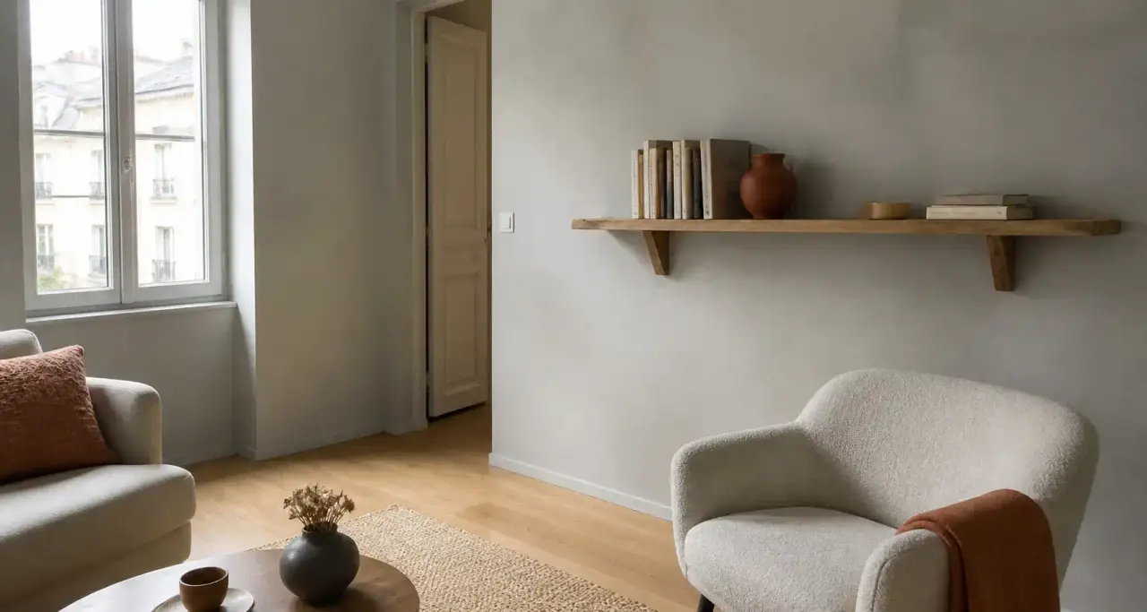 Coin de salon avec mur en enduit plâtre, étagère en bois et fauteuil en tissu écru