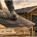 Shingle toiture : pose sur petite annexe, couvreur fixe les bardeaux