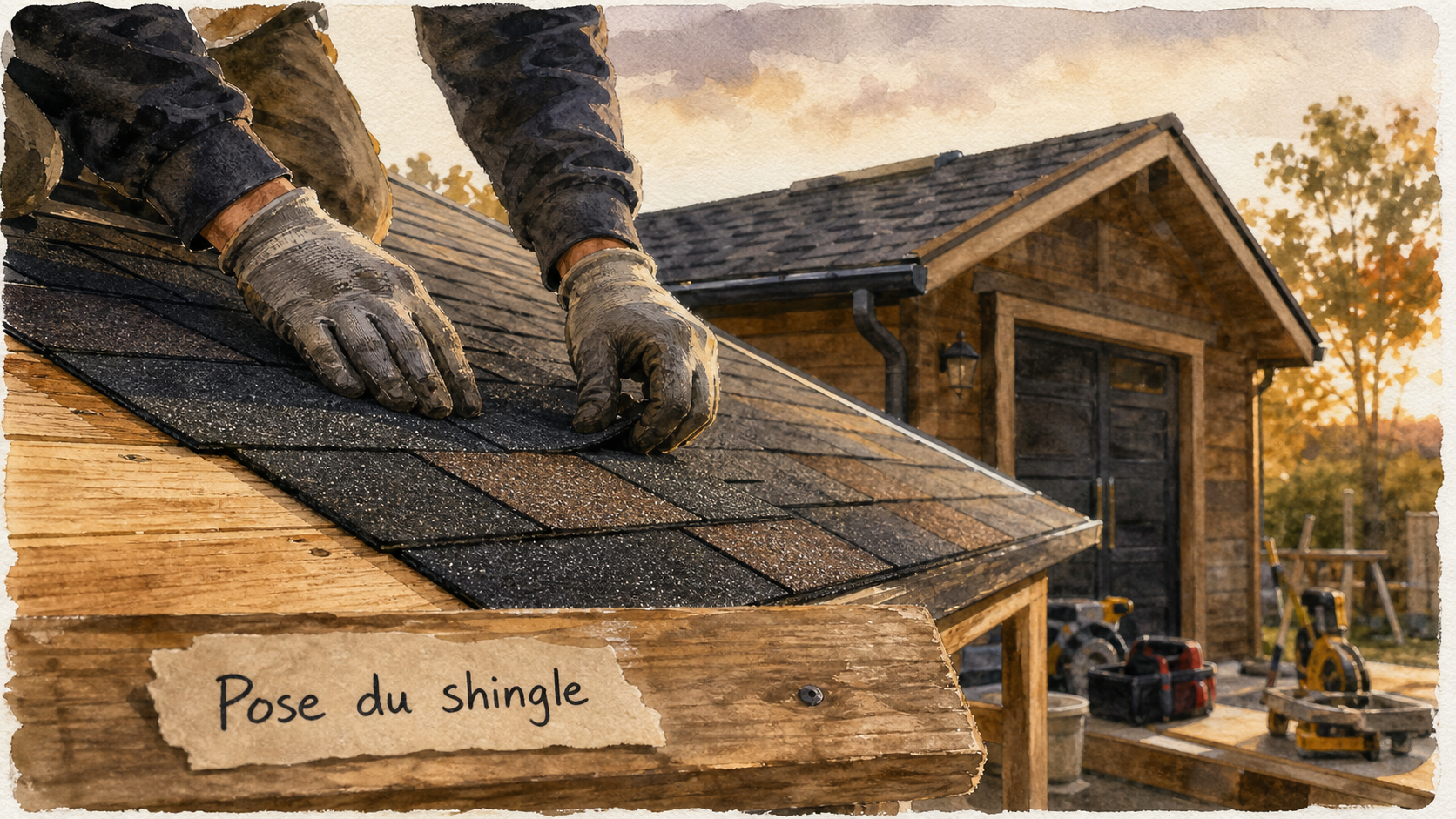 Shingle toiture : pose sur petite annexe, couvreur fixe les bardeaux