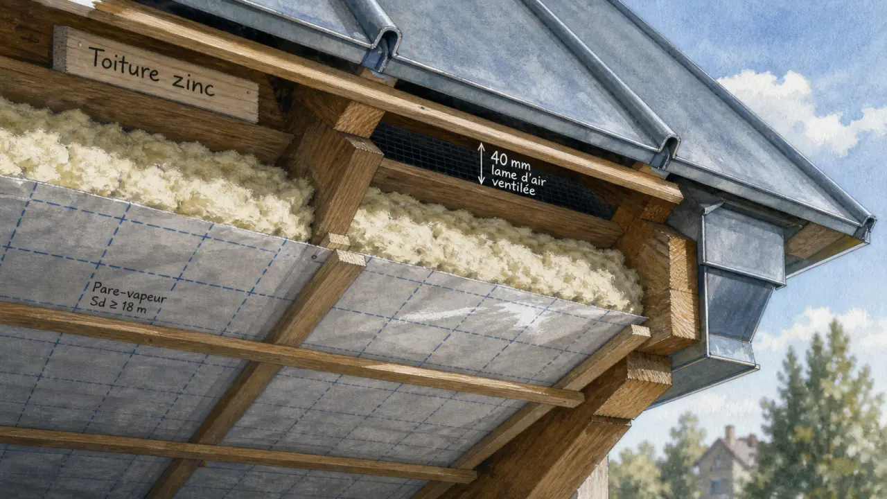 Toiture zinc isolation avec lame d’air ventilée 40 mm, pare-vapeur et isolation