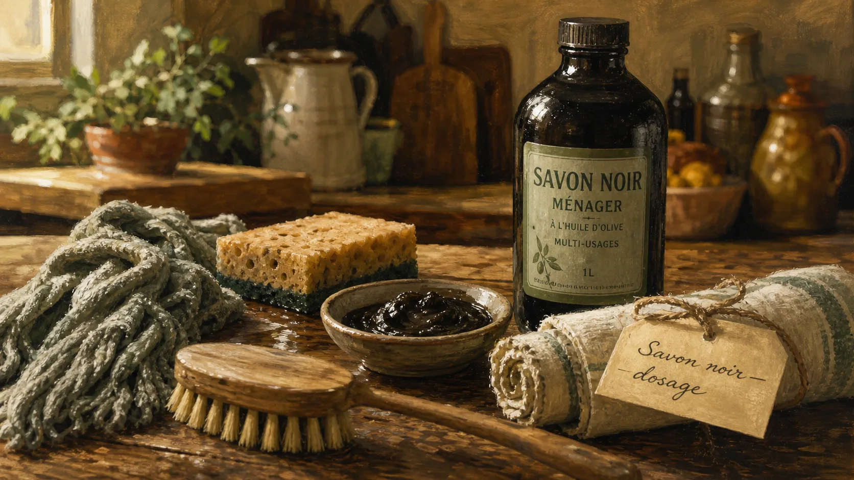 Utilisation du savon noir : dosage 1 bouchon par litre, éponge et savon noir