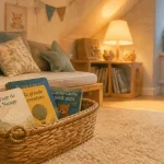 Coin lecture enfant calme : tapis, coussins et albums