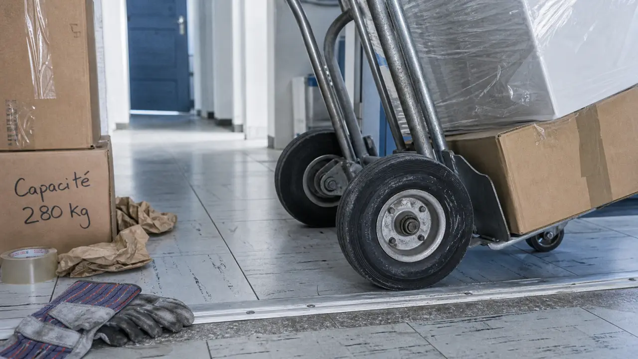 Diable demenageur acier pliable pour charges jusqu’à 280 kg, seuil et roues