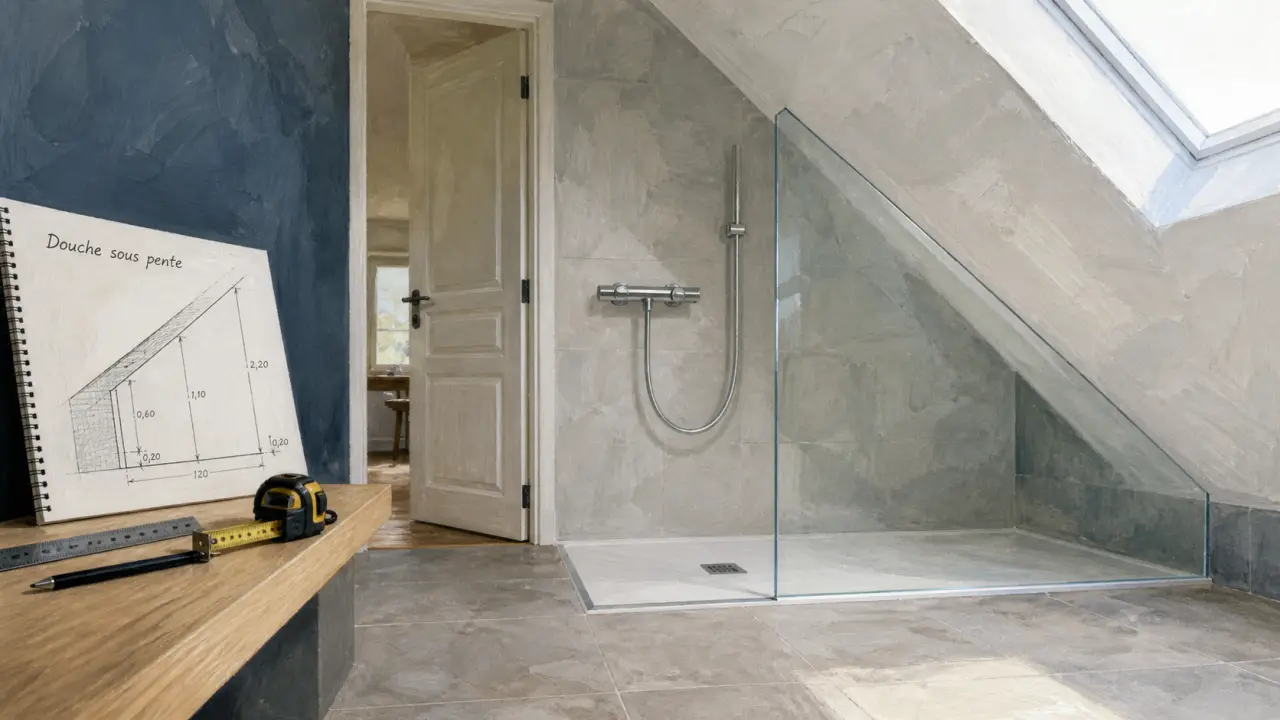 Douche sous pente de toit : paroi sur mesure et hauteur utile