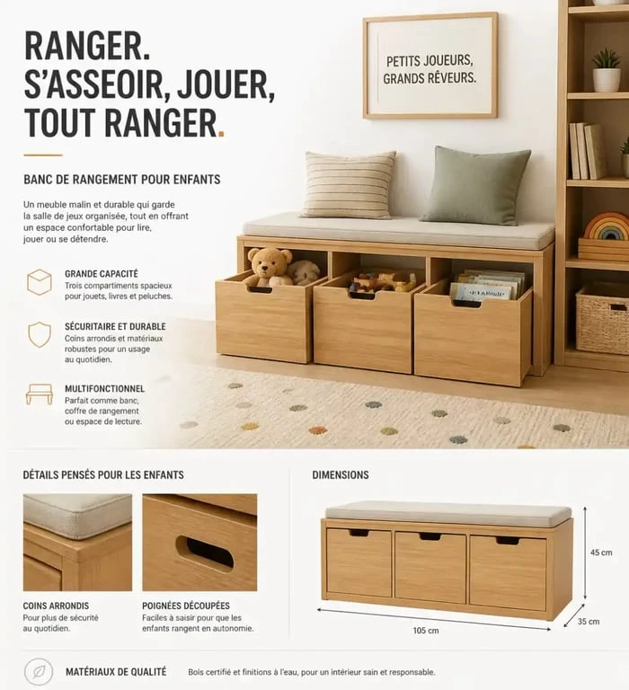 Mobilier multifonctionnel pour le rangement des jouets des enfants