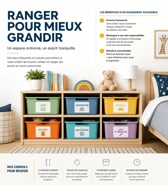 Rangement jouets enfants avec étagères et bacs organisés