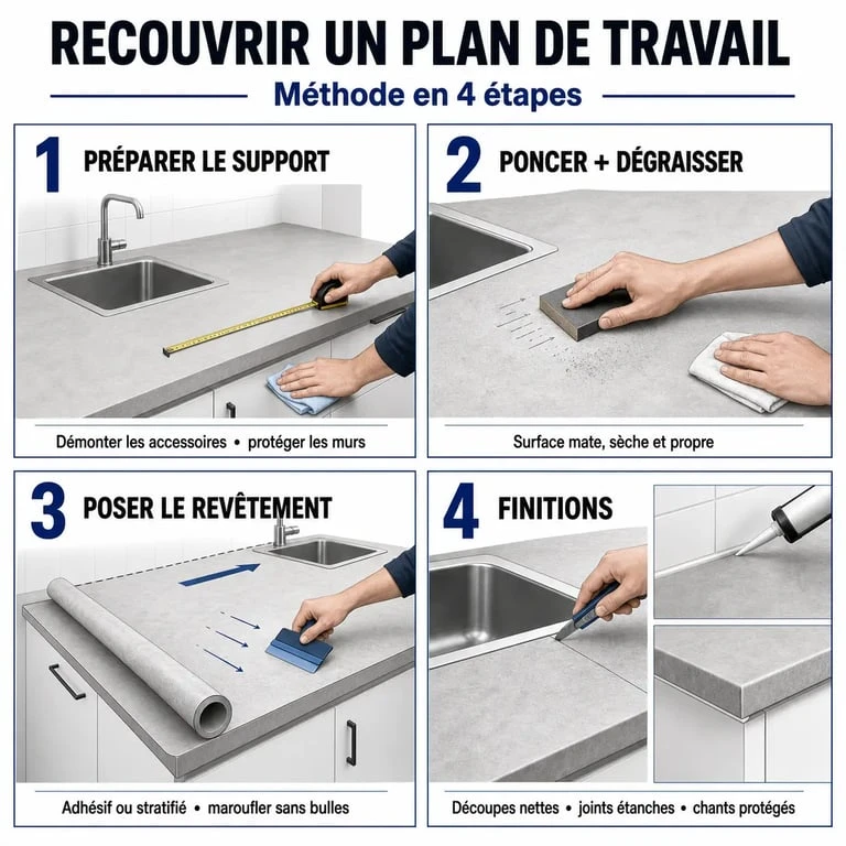 Comment recouvrir un plan de travail de cuisine avec une illustration des étapes de pose