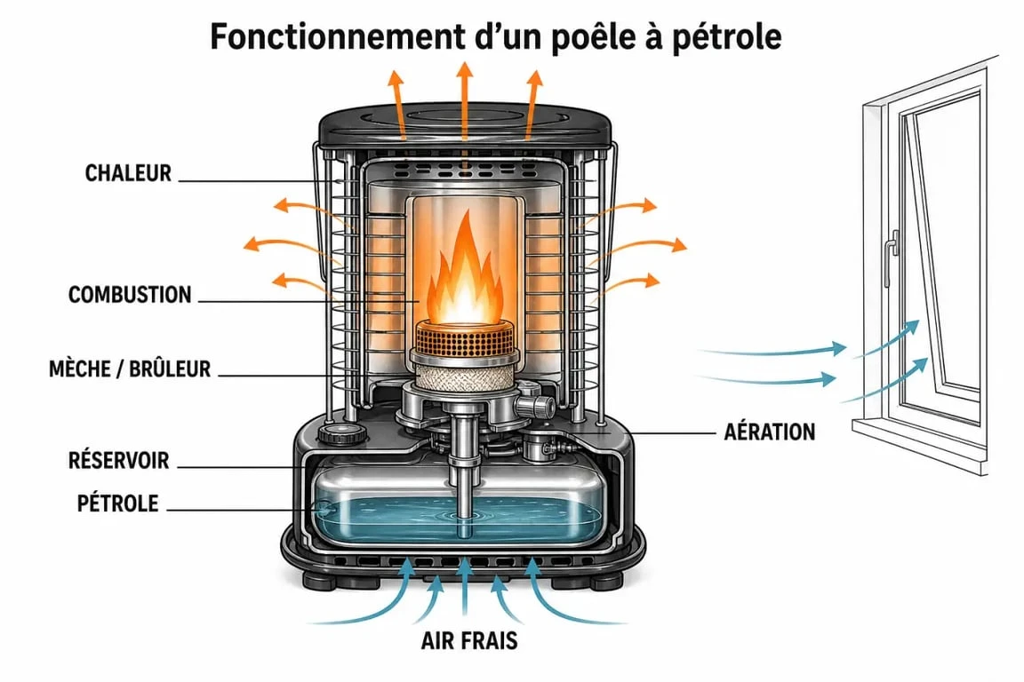 Schéma de fonctionnement d’un poêle à pétrole avec ventilation et combustion