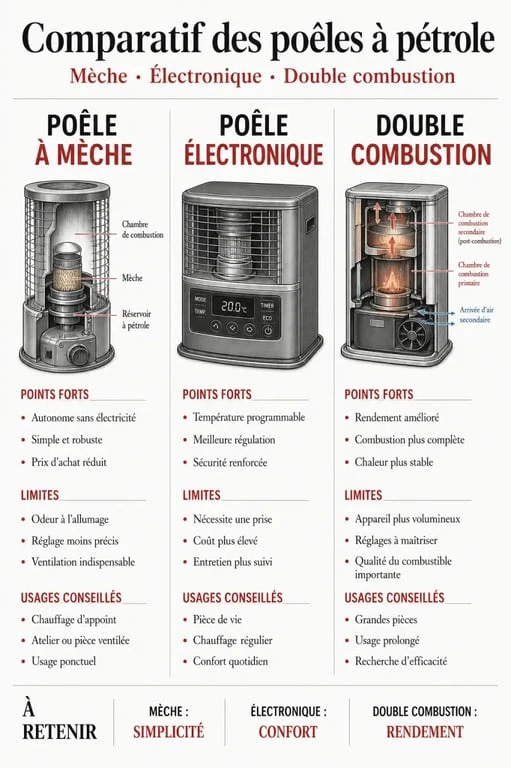 Comparatif poêle à pétrole entre mèche, électronique et double combustion