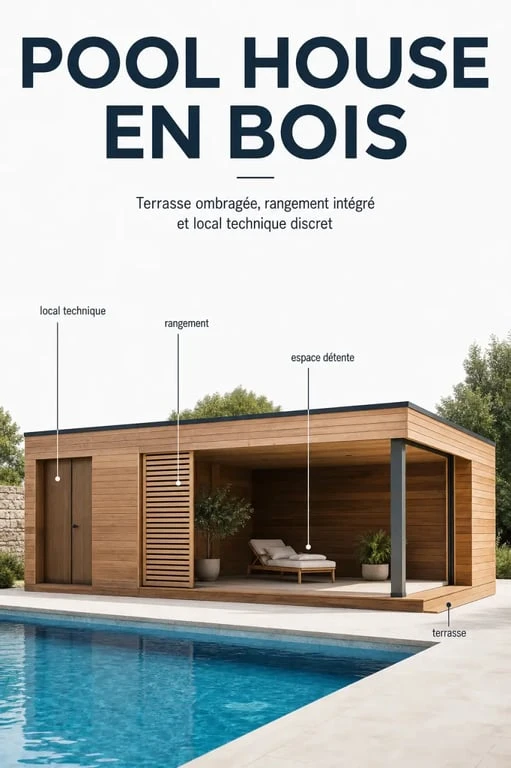 Pool house en bois aménagé près d’une piscine pour rangement et détente