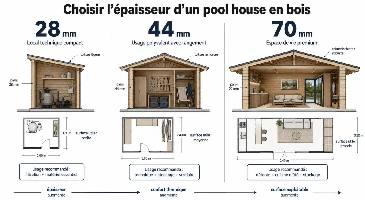 Comparatif de pool house en bois selon l’épaisseur, la surface et l’usage