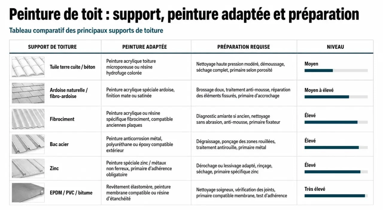 Peinture toit : tableau comparatif des peintures selon le support et la préparation