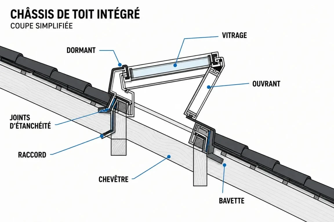 Schéma de chassis de toit montrant le chevêtre, le raccord et l’étanchéité