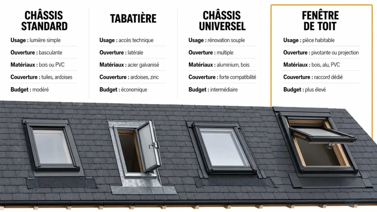 Comparatif des chassis de toit standard, tabatière, universel et fenêtre de toit