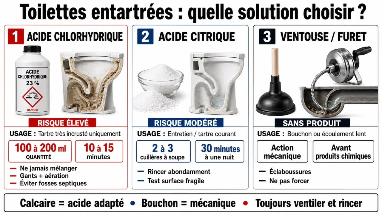 Acide toilette : comparaison des solutions pour détartrer ou déboucher les WC et éviter les mélanges dangereux