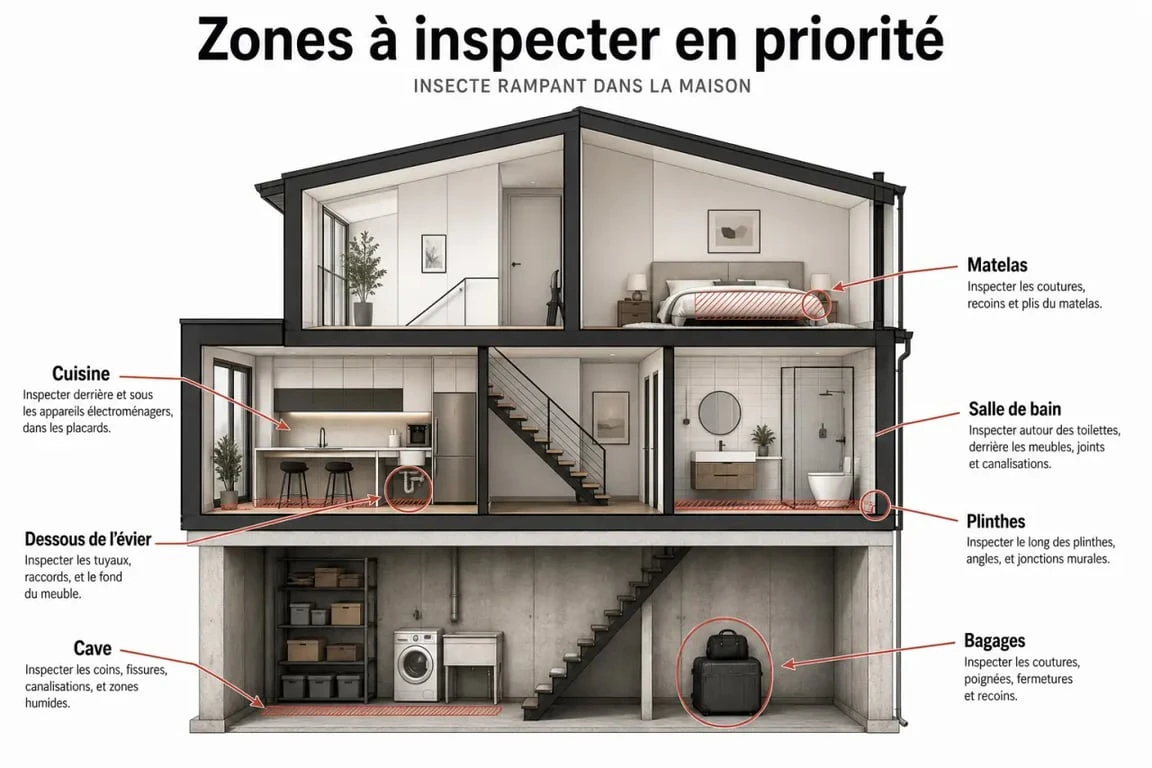 Insecte rampant maison : zones à vérifier en priorité dans la cuisine, la salle de bain et la chambre