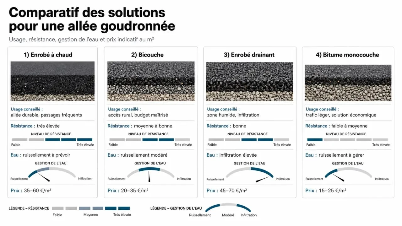 Allée goudron : comparaison visuelle des revêtements, de l’usage et du prix au m²