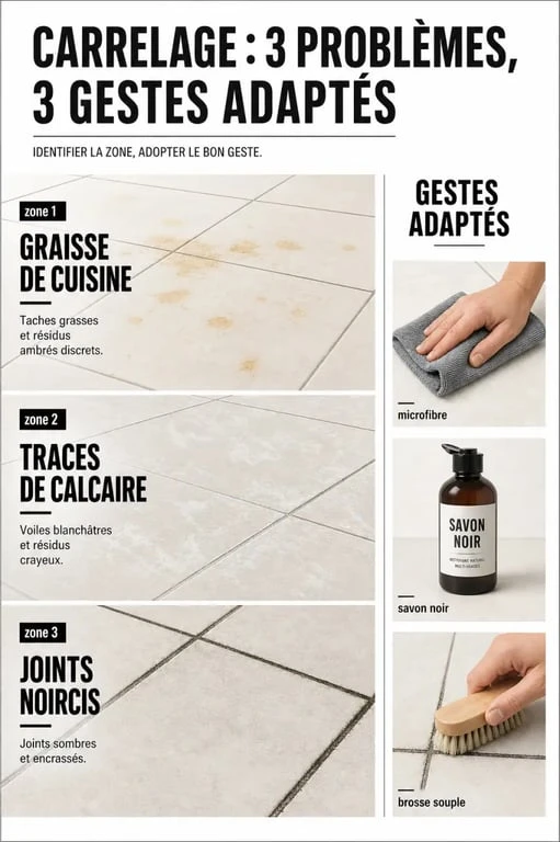 Nettoyer du carrelage encrassé avec graisse, calcaire et joints noircis avant nettoyage