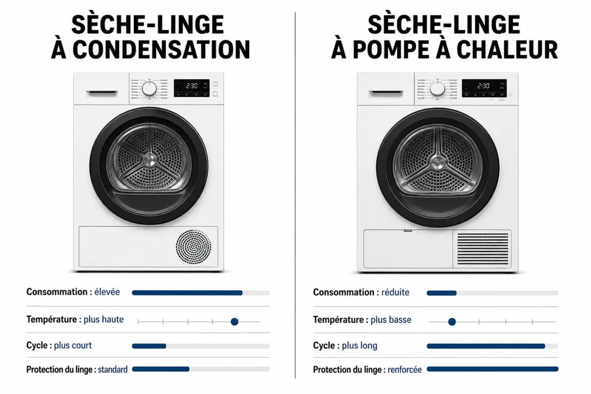 Sèche-linge condensation et pompe à chaleur comparés visuellement sur la consommation, la température et la protection du linge