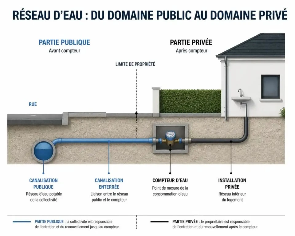 Schéma de responsabilité d'une canalisation cassée sous la maison : avant et après le compteur d'eau