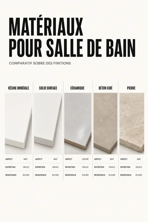 Salle de bain en resine : comparaison visuelle entre résine, céramique, béton ciré et pierre